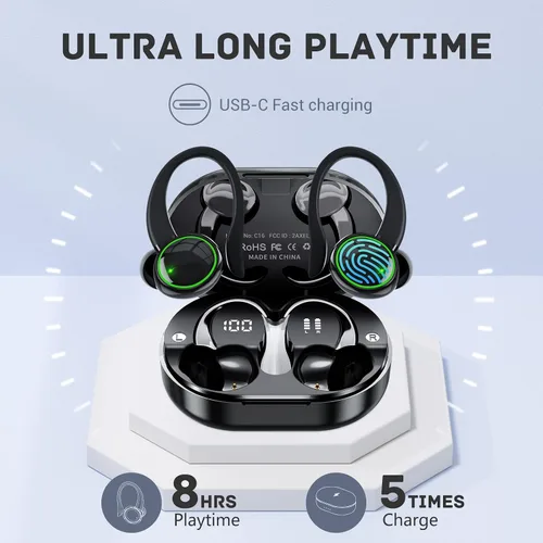 Vista 3 de Para Xiaomi Redmi Note 9 Pro Max Bluetooth 5.3 Auriculares estéreo 3D con gancho para la oreja, control táctil 40H sobre la oreja, auriculares