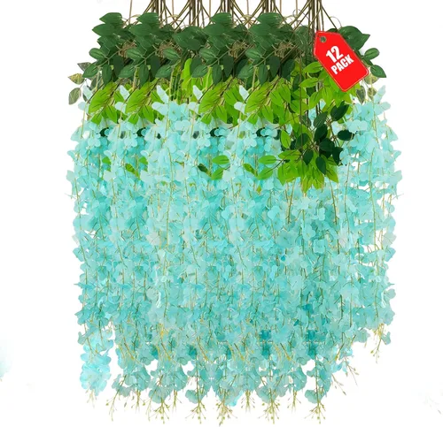 Vista 52 de Paquete de 12 flores colgantes de glicina rosa, flores colgantes falsas de 3.44 pies, guirnalda de glicina artificial para decoración de boda, telón