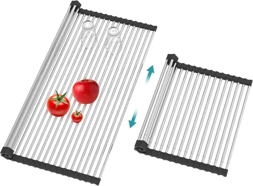Vista 9 de BBXTYLY Estante Extra Expandible Enrollable para Secar Platos, Cubierta de Fregadero sobre el Lavabo, Accesorios de Cocina, Escurridor Enrollable