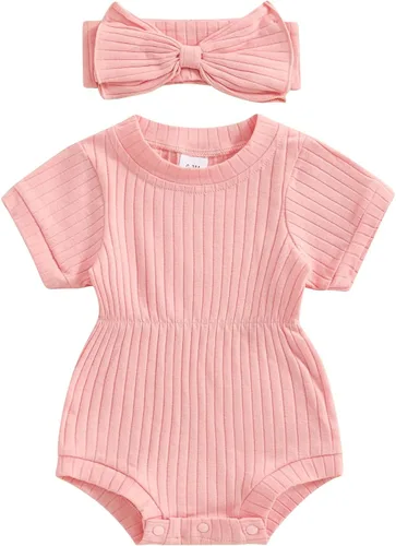 Vista 7 de Karwuiio Conjunto de 2 piezas para bebé recién nacida, de punto, de manga corta, con diadema, ropa de verano Beige