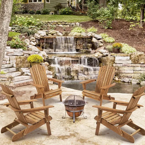 Vista 2 de Adirondack - Juego de 2 sillas plegables de madera para exteriores con respaldo de cedro macizo, cómoda silla de descanso para patio, terraza, Dorado