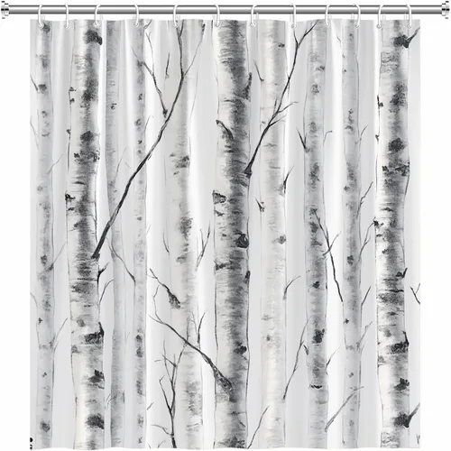 Vista 3 de Cortina de ducha con diseño de abedul, acuarela, gris, blanco, moteado, tronco, rama de árbol, naturaleza, rústico, granja, al aire libre, tela