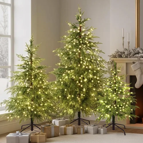 Vista 9 de Cinnyvoice Set of 3 Pre-lit Potted Christmas Tree with led, 2 ft, 3ft,4 ft Árbol de ciprés artificial preiluminado con base de cesta tejida