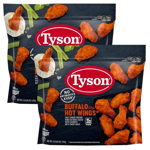 Vista 9 de Tyson Alitas de pollo con hueso estilo búfalo totalmente cocidas, con sabrosa salsa picante y picante, 0.55 onzas de proteína por porción, paquete