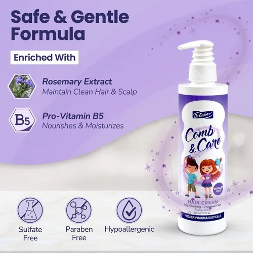 Vista 5 de Dr. Fischer Desenredante para el cabello, crema sin enjuague para niños, rico en aceite de romero y vitamina B5. Para un cabello fácil de peinar, 22
