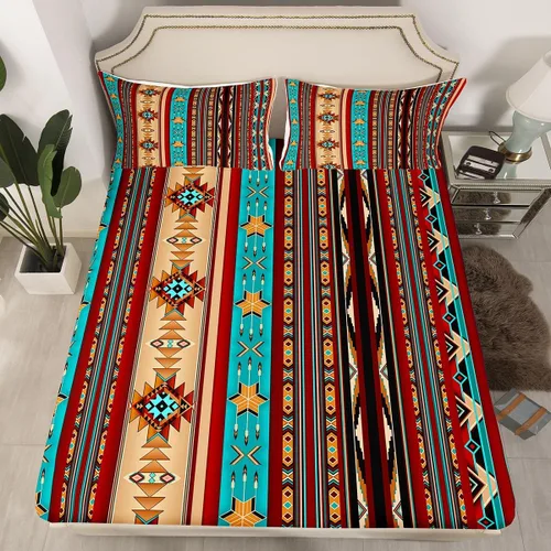 Vista 50 de Juego de ropa de cama de estilo bohemio occidental, tamaño individual, diseño de vaca atrapasueños, sábana bajera ajustable del suroeste, tribu