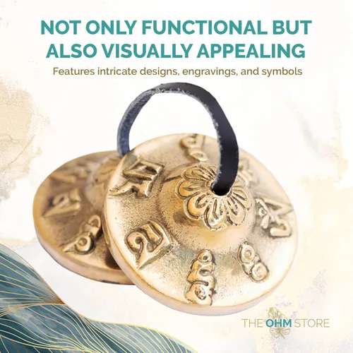 Vista 7 de Ohm Store Campanas tibetanas de mantra tingsha con estuche azul, accesorio de meditación hecho a mano para atención plena, yoga y sanación de sonido