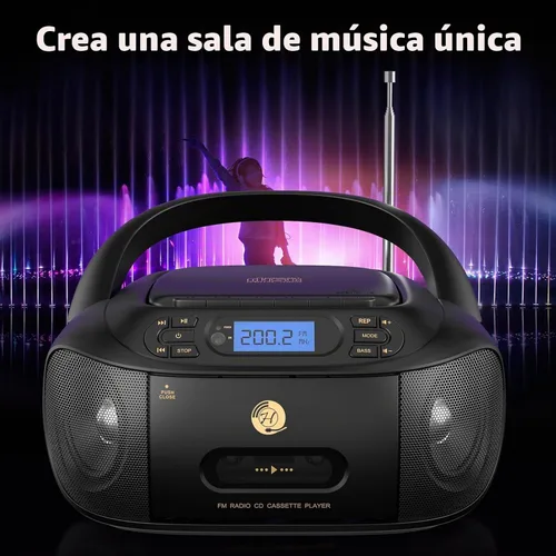 Vista 7 de Reproductor de CD y Cinta Combo, Hernpark Boombox Recargable con Bluetooth 5.1, Grabación de Cinta, Radio FM, Super Bass, Sonido Estéreo, Entrada