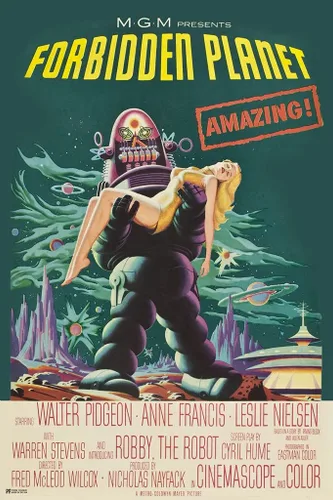 Vista 3 de Laminado Planeta Prohibido 1956 Retro Vintage Películas de ciencia ficción Robby The Robot 1950s Películas de ciencia ficción Alien UFO Película