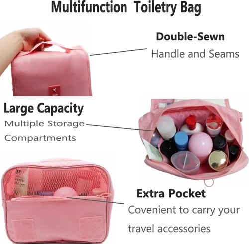 Vista 4 de Neceser colgante – Organizador grande de viaje de maquillaje cosmético para hombres y mujeres con gancho resistente, Rosado
