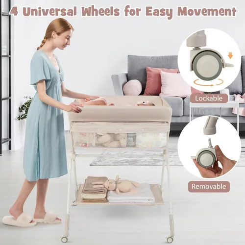 Vista 6 de BABY JOY Cambiador portátil para bebé, estación de cambio de pañales plegable con ruedas, altura ajustable, estante de almacenamiento grande