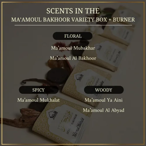 Vista 3 de Dukhni Maamoul Bakhoor - Caja variada con quemador y Misk Rijali Attar incienso árabe surtido y aceite de perfume de almizcle blanco suave y sedoso
