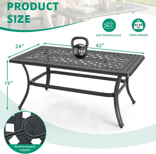 Vista 2 de VIVIJASON Mesa de centro de aluminio fundido para exteriores, mesa rectangular de conversación de patio de 42 x 24 pulgadas con parte superior