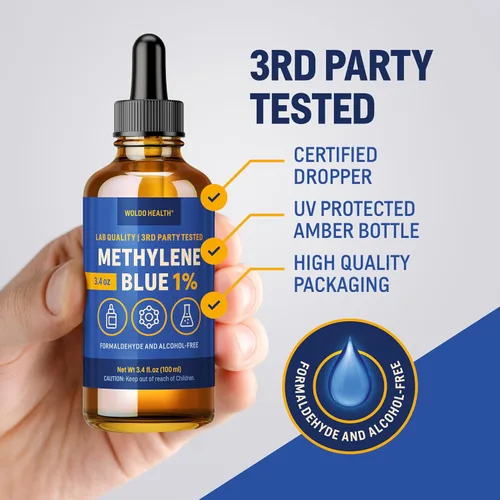 Vista 3 de WoldoHealth Gotas de Azul de Metileno 1% 3.4 Fl Oz - Alta pureza, ingredientes de grado farmacéutico USP, probados por terceros, sin formaldehído