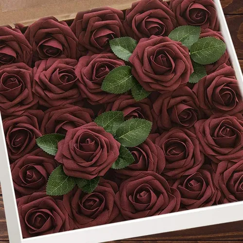 Vista 33 de Higfra Flores artificiales, 25 unidades, rosas falsas de espuma negra de aspecto real con tallos para ramos de boda, centros de mesa de despedida
