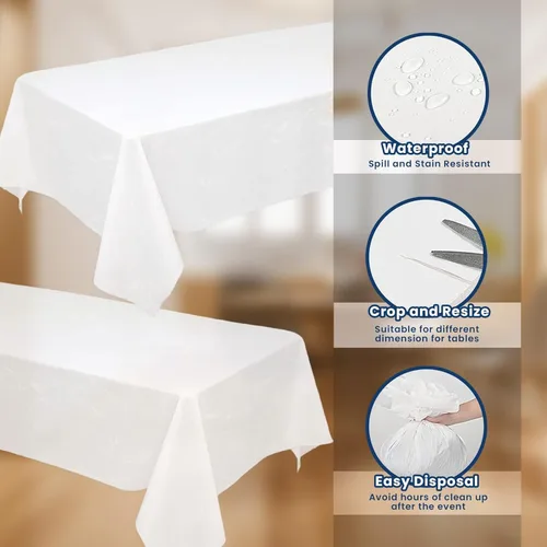 Vista 4 de BULK - Manteles de plástico blanco Paquete de 100 54 x 108 pulgadas Se adapta a mesas plegables y de picnic estándar Plegado, fácil