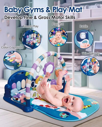 Vista 2 de dearlomum Gimnasio con tapete de juego para bebé, divertido tapete de piano para tiempo de barriga con 5 juguetes sensoriales para bebés y 2