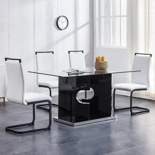 Vista 12 de Juego de 4 mesas de comedor de cristal, juego de mesa de comedor de Mesa negra+silla negra