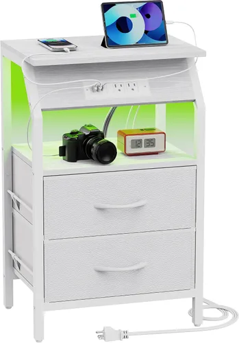 Vista 13 de SZLHANJZ Mesa auxiliar con luz, mesita de noche LED con 2 cajones y estación de carga tipo C, mesita de noche de tela pequeña para mesita de noche