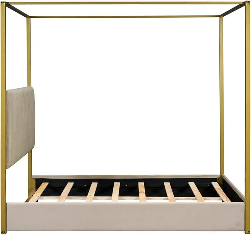 Vista 6 de Marco de cama moderno con dosel de 4 doseles, cama de plataforma de madera con cabecera tapizada, camas de plataforma de madera de bajo perfil