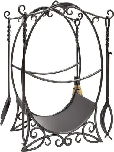 Vista 2 de Minuteman International Soporte para leña de madera de cabaña con herramientas para chimenea, grafito
