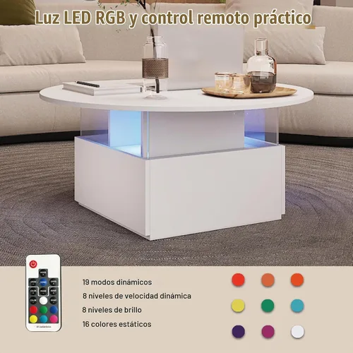Vista 4 de HedoAjim Mesa de café redonda de 31.5" para sala de estar, mesa moderna de sala de estar con LED y almacenamiento, mesas de café cuadradas