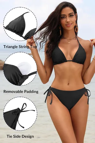 Vista 3 de Tempt Me - Conjunto de bikini triangular para mujer, traje de baño sexy de dos piezas, traje de baño con cintas laterales 1 Negro