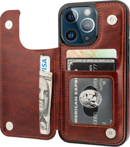 Vista 15 de ONETOP - Funda tipo cartera compatible con iPhone 13 Pro con soporte para tarjetas, funda de piel sintética con ranuras para tarjetas, doble cierre