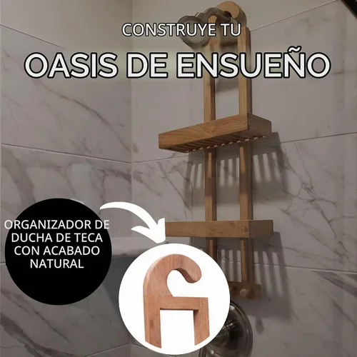 Vista 4 de NORDIC STYLE TEAK Carrito de ducha colgante de madera natural con estantes de almacenamiento, resistente al agua, fácil de colocar, madera de teca