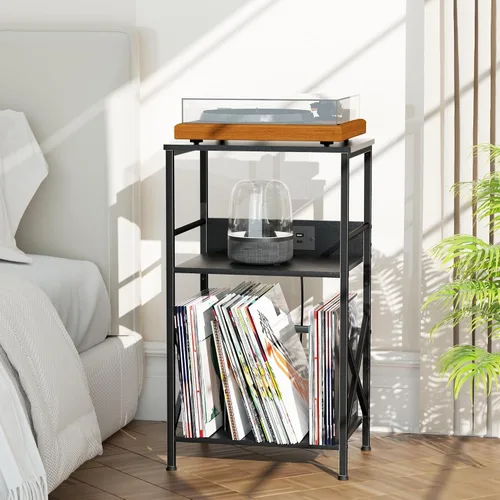 Vista 9 de DALEMHOME Soporte para tocadiscos con estación de carga, mesa auxiliar de 3 niveles para almacenamiento de 100 vinilos, mesa auxiliar para sala