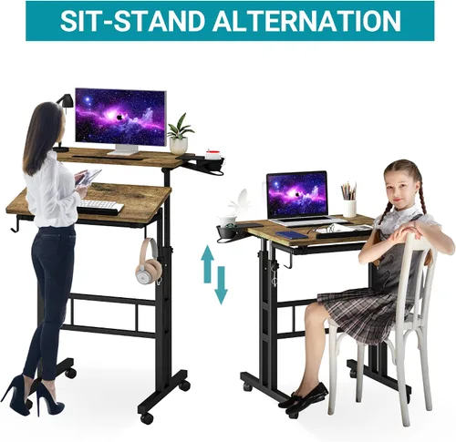 Vista 6 de Klvied Escritorio móvil rodante con soporte para tazas, portátil, altura ajustable, pequeño escritorio de pie con ruedas para oficina en casa, Roble