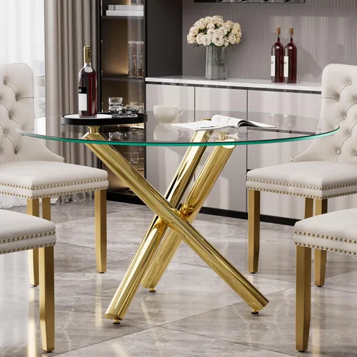 Vista 15 de Mesa de comedor redonda de vidrio para 2-3, parte superior de vidrio templado moderna, patas cromadas resistentes, almohadillas ajustables