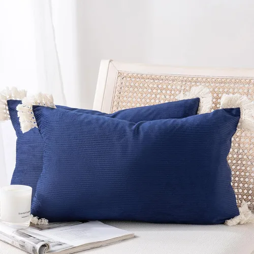 Vista 24 de Phantoscope Paquete de 2 fundas de almohada de pana suave para Halloween y otoño, decorativas de terciopelo a rayas con borlas de algodón, fundas