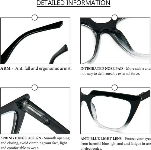 Vista 3 de Gafas de lectura de ojo de gato para mujer, de gran tamaño, bloqueo de luz azul, para lectura de computadora, paquete de 3 + 1.0