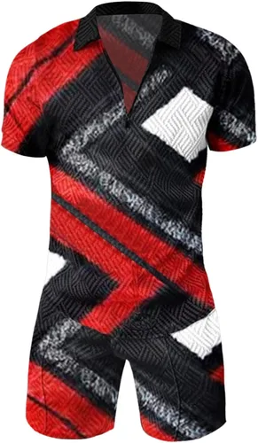 Vista 3 de Conjunto de camisa polo y pantalones cortos para hombre, 2 piezas, trajes casuales con cremallera de un cuarto, manga corta, chándal de verano