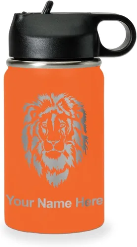 Vista 58 de LaserGram Botella de agua personalizada, cabeza de león, acero inoxidable de doble pared aislada al vacío con popote superior, regalo grabado