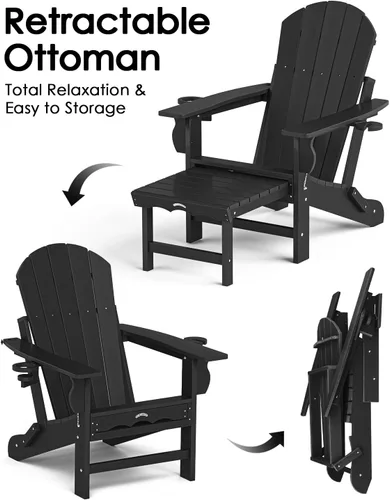 Vista 6 de Silla Adirondack plegable con reposapiés extraíble para patio al Negro