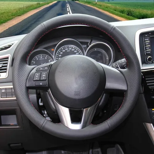 Vista 2 de Compatible con Mazda CX-3 2016-2017, cubierta de volante de automóvil, cubierta de volante cosida a mano, cubierta de volante de cuero negro