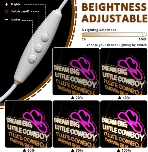 Vista 3 de Dream Big Little Cowboy - Letrero de neón para decoración de pared, letrero LED de sombrero de vaquero para habitación, luces de neón occidentales