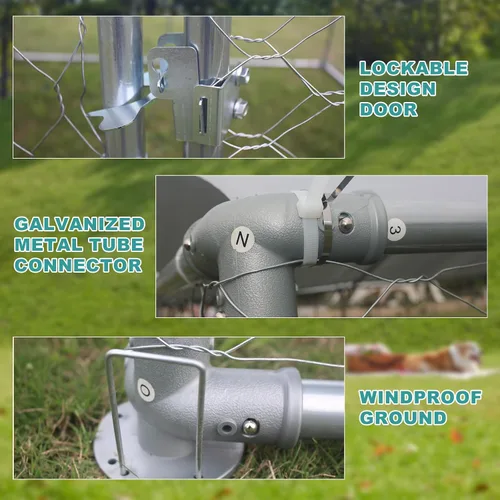 Vista 5 de Perrera grande para perros al aire libre de 10'x10', perrera para perros de acero galvanizado resistente afuera con cubierta impermeable resistente