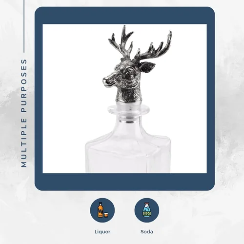 Vista 3 de Regent - Decantador de whisky de cuerpo recto – Tapón de cabeza de ciervo cromado, juego de regalo para bar por decantador de lujo para bourbon