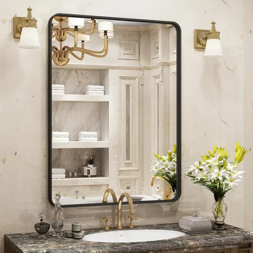 Vista 36 de Espejo rectangular para pared de baño de 20x30 pulgadas con marco negro mate, espejo de tocador con esquinas redondeadas, espejo de baño de metal