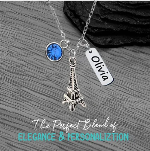 Vista 4 de Collar personalizado de la torre Eiffel, piedra natal personalizada con nombre grabado en la torre Eiffel, colgante de torre Eiffel para mujer
