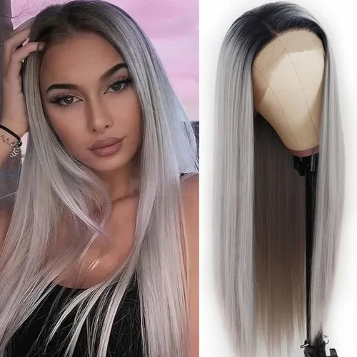 Vista 11 de Pelucas de encaje frontal color azul con encaje frontal, peluca para usar y llevar, sin pegamento, pelucas de cabello largo y lacio, pelucas