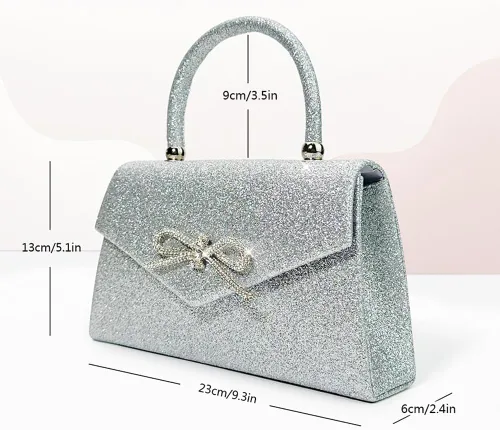 Vista 5 de Bolso de noche para mujer, con lazo brillante, bolso de mano para boda, fiesta, monederos con diamantes de imitación con purpurina para cóctel