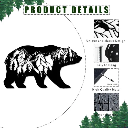 Vista 4 de Resama Arte de pared de oso de metal, animales del bosque, decoración rústica, decoración de desierto, adornos de montaña para sala de estar