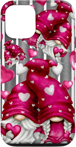Vista 28 de Pink Heart Pattern On Grey Striped Decor Valentine Gnome Case for iPhone 17