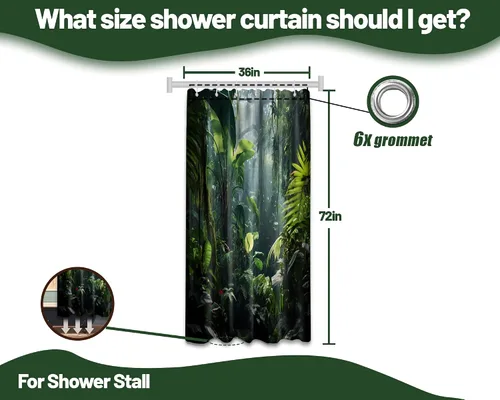 Vista 7 de Cortina de ducha verde de selva naturaleza bosque selva tropical paisaje planta tropical decoración de baño, tela impermeable con ganchos, 36x72