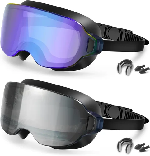 Vista 15 de Aegend Gafas de natación para adultos, paquete de 2 unidades, sin marco, 180°, visión amplia, antiniebla, UV, a la moda, para hombres y mujeres