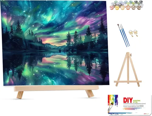 Vista 9 de Hutarosl Pintura por números para adultos, lienzo Aurora por números para adultos, pintura de cielo estrellado por números para adultos, kits